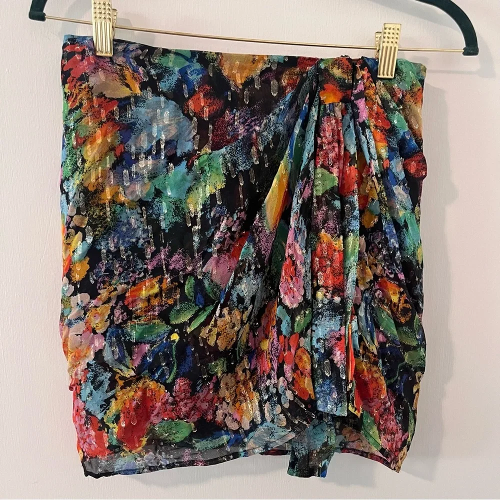 The Kooples Paris Multicolor Metallic Floral Mini Skirt Silk Size 2